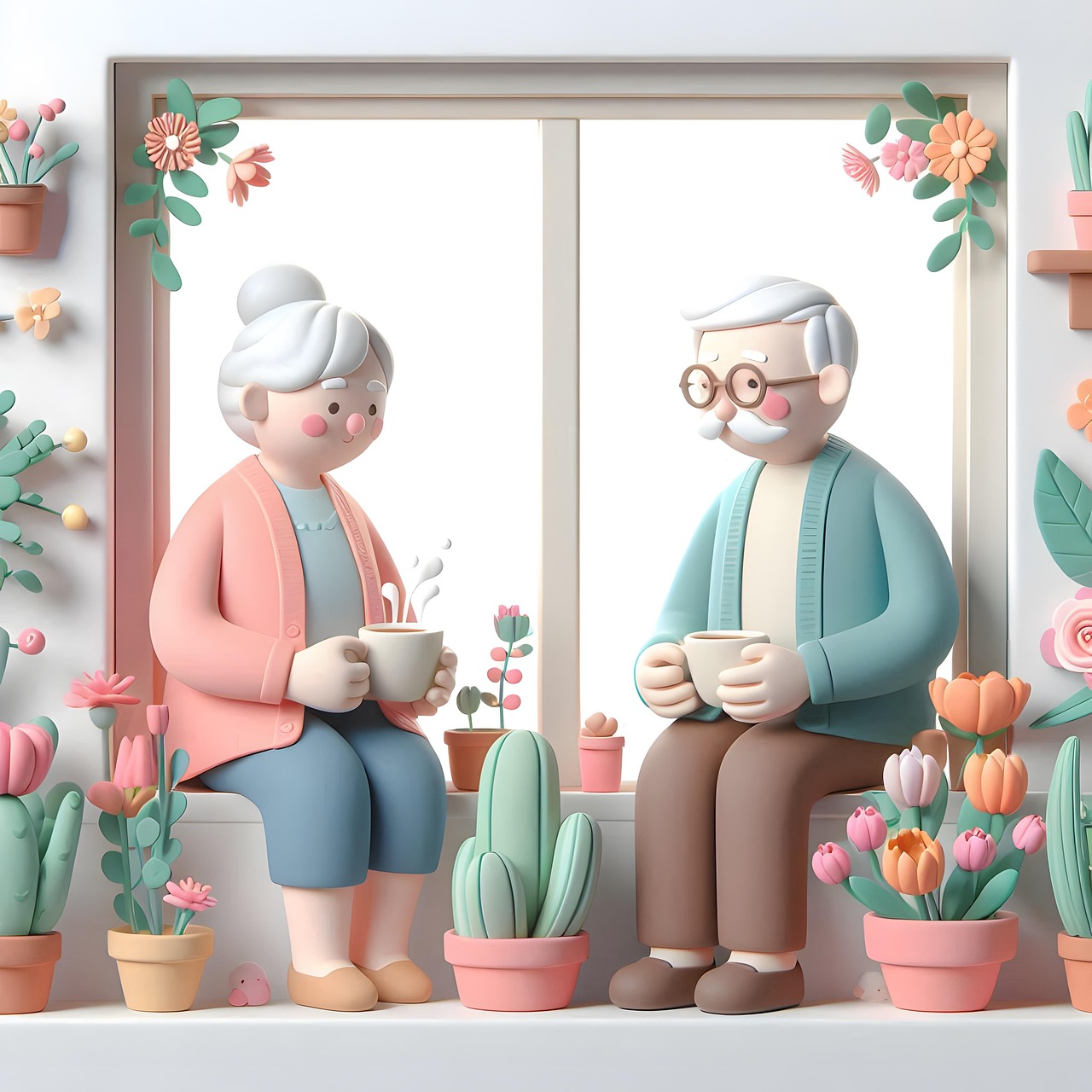 노인 부부가 나란히 앉아있는 캐릭터 사진